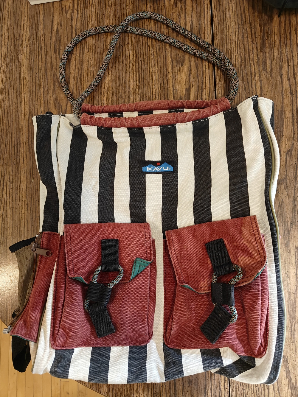 KAVU Striped Tote with Red Front Pockets Rope accents Beach Tote Bag